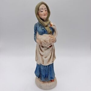 Vintage Old Woman Holding Goose Porcelain Figurine 8" Country Farm Decor